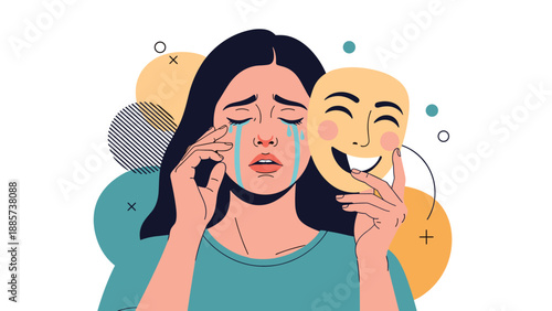 Emotional concept of a crying woman holding up a smiling yellow mask to hide her true feelings of deep sadness.