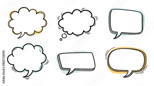 Collection of simple hand-drawn speech bubbles and thought clouds in various shapes with subtle drop shadows.