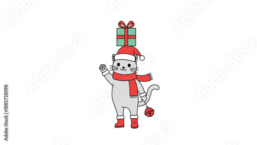 Cute grey kitten wearing a red Santa hat and scarf holding a small bell with a green gift box on its head.