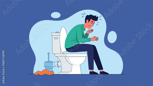Cartoon illustration of a man experiencing stomach pain or digestive issues sitting on a toilet in a bathroom.