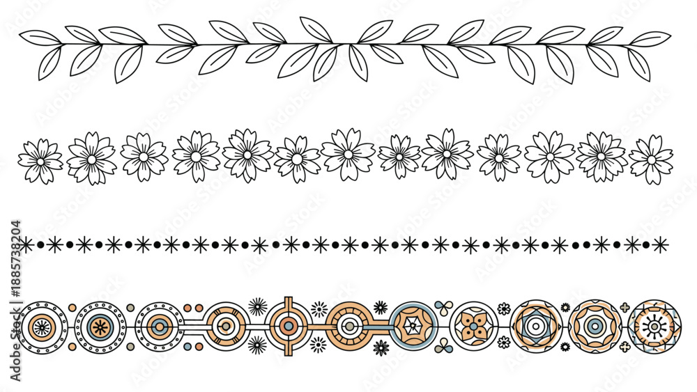 Fototapeta premium Collection of four unique horizontal border designs featuring floral patterns, leafy vines, and geometric shapes for decorative separators.