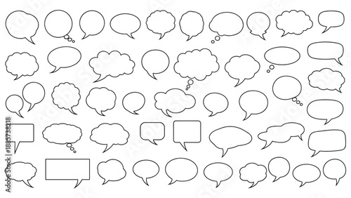 Large assortment of various hand-drawn speech bubbles and thought clouds in different shapes and sizes for comic and dialogue illustrations.