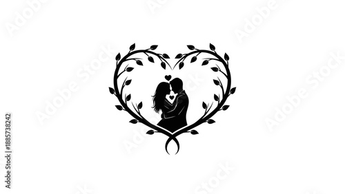 Silhouette of a Romantic Couple Embracing within a Heart Shaped Leaf Wreath on isolated white background