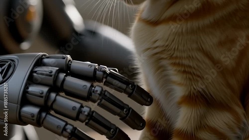 Robotic hand gently petting cat showcasing harmony technology animals