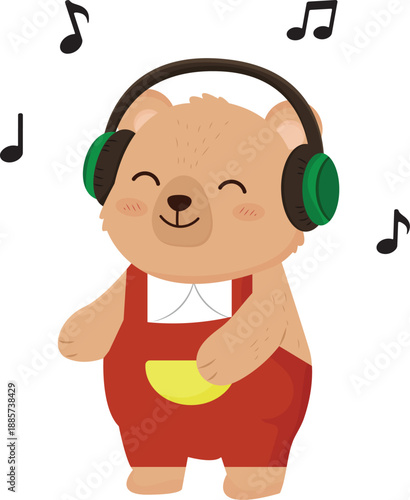 Charming cartoon bear with vibrant green headphones happily enjoying music and dancing. Cute animal character illustration spreading joy with a cheerful melody
