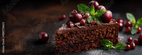 A slice of chocolate cake with cherries and mint leaves on a dark brown background.