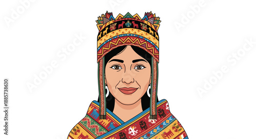 Striking portrait of a woman wearing intricate traditional Andean clothing, highlighted by a richly patterned hat and a detailed shawl, embodying cultural identity and beauty.