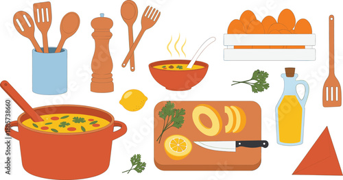Comprehensive Kitchenware Set with Vegetable Soup Pot, Wooden Cooking Utensils, Fresh Ingredients, Cutting Board, and Olive Oil for Healthy Home Recipe Illustrations