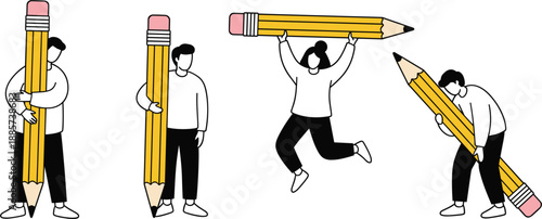 Creative People Holding Giant Pencils Vector Set for Education, Writing Workshops, Content Creation, Artistic Branding, Academic Success, and Innovative Design Project Concepts