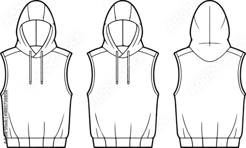 Sleeveless hoodie technical drawing, front and back view of men's gym fitness sweatshirt mockup template.