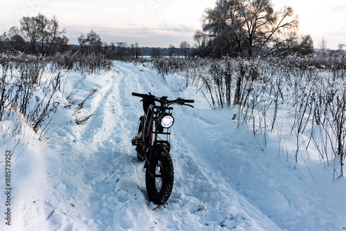 Wallpaper Mural Robust electric fat bike, headlight glowing, navigates fresh powder on a serene winter trail. A cool ride for snowy adventures Torontodigital.ca