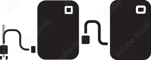 Two black rectangles connected by stylized cords, representing data transfer, connectivity, or power banks