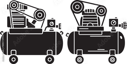 Two black silhouette icons of industrial air compressors with tanks and belts, representing power tools, pneumatic equipment, and workshop machinery.