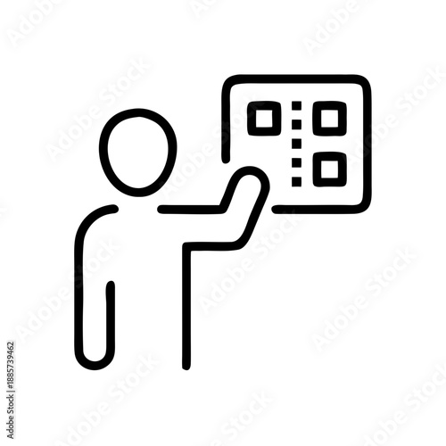 Flat vector icon of a cashier at a desk with a dollar sign, isolated on a white background. Ideal for fintech blogs, retail websites, and banking app topics.