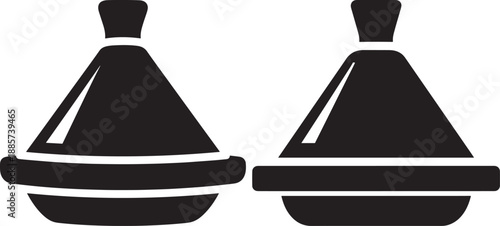 Two black silhouette icons of a traditional Moroccan tagine pot, one slightly larger than the other, symbolizing Moroccan cuisine and cooking.