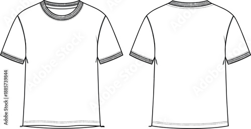 Basic t shirt front and back view technical fashion illustration casual short sleeve crew neck outline vector apparel design isolated