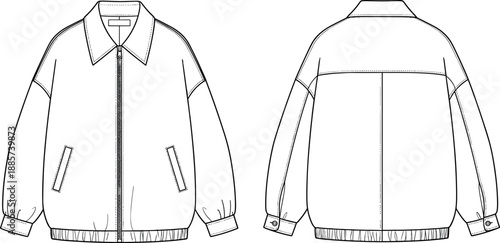 Casual zip-up jacket technical line illustration with front and back views, collar, elastic cuffs, pockets, and stitching details for apparel design