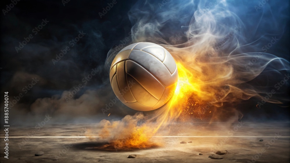 Fototapeta premium Fiery Volleyball Impact A Dynamic Composition of a Golden Ball Exploding with Smoke and Embers on a Dusty Court