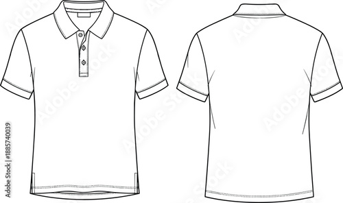Classic polo shirt technical line illustration with front and back views, short sleeves, collar, button placket, and stitching details for apparel design