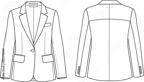 Classic tailored blazer technical line illustration with front and back views, lapel details, pockets, buttons, and seams for fashion apparel design