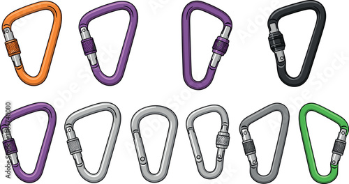 Colorful carabiner clip collection climbing safety equipment illustration metal locking hooks set outdoor adventure gear vector isolated on white