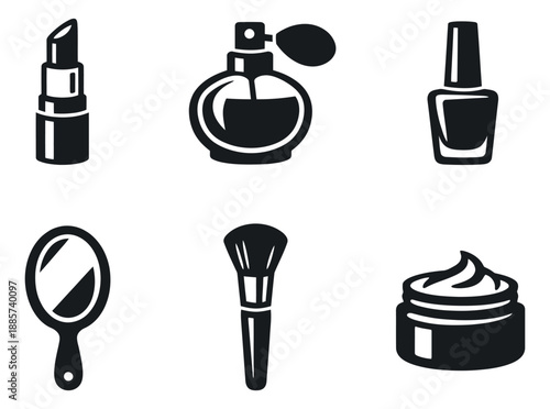 Modern beauty and makeup icons set featuring lipstick, perfume, and cosmetic tools for personal care and fashion