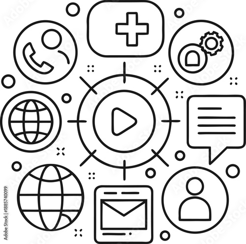 Generic Communication and Media Icons Network in Line Art Style for Digital Concepts