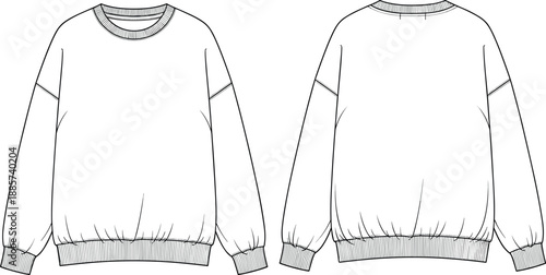 Crewneck sweatshirt front and back view technical fashion illustration casual long sleeve pullover outline vector apparel design isolated modern unisex clothing template