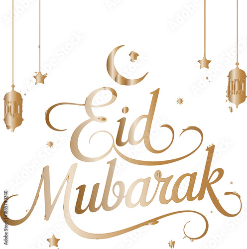 A beautiful 'Eid Mubarak' text design featuring elegant script, mosque silhouettes, and a crescent moon with stars, rendered in a gradient of green