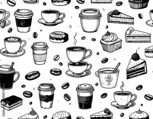 Seamless coffee and bakery pattern, hand drawn sketch of coffee cups, donuts, cakes and beans background.