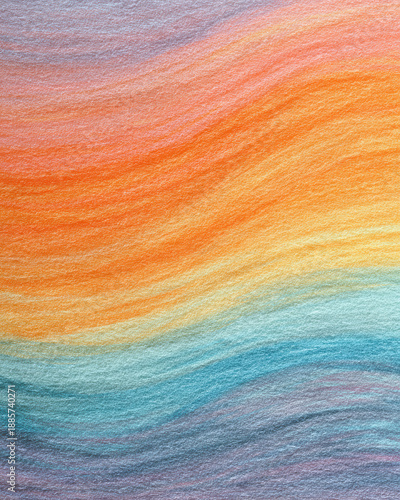 Minimal wax pastel texture on paper modern background, soft rainbow wave pattern with warm orange yellow blue gradient flowing calm abstract art