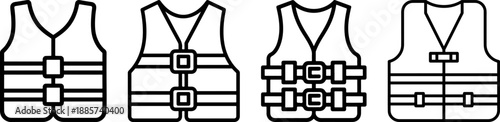 Life vest or life jacket icons set, water safety and emergency rescue equipment line art icons.