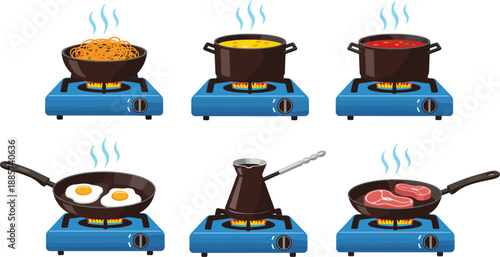 Portable Gas Stove Cooking Set with Frying Pans, Boiling Pots, and Coffee Maker for Camping, Outdoor Survival, Kitchen Appliance Icons, and Culinary Designs