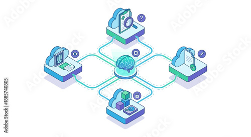 Isometric Medical SaaS Illustration of AI Healthcare Network, Cloud Computing for Hospital Data Management, Diagnostic Intelligence and Patient Records on White Background
