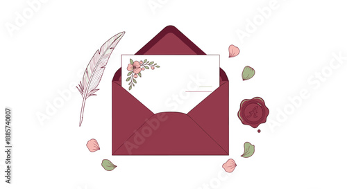 Romantic open red envelope revealing a floral-decorated card, accompanied by a graceful feather and a traditional wax seal, surrounded by delicate rose petals.