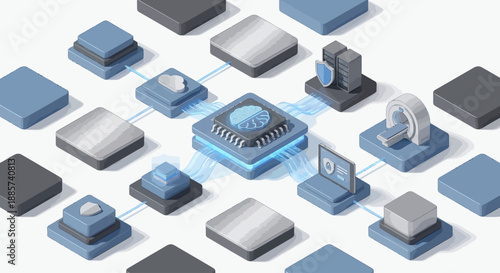 Isometric Medical AI SaaS Platform with Healthcare Data Network Connectivity, MRI Diagnostics, Cloud Computing, and Cybersecurity Icons for Smart Hospital Digital Transformation