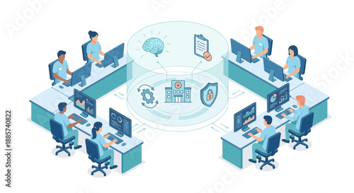 Isometric Medical SaaS Platform with Healthcare Professionals Managing Hospital Data, Digital Health Management System and Patient Analytics Concept, Blue and Teal Vector Illustration