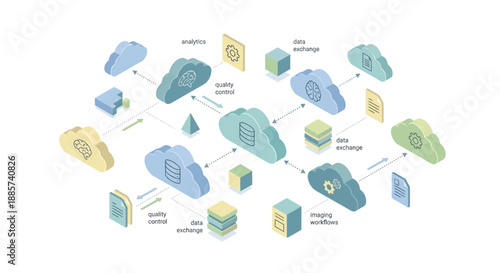 Isometric Medical SaaS Cloud Computing Infrastructure for Healthcare AI Analytics, Data Exchange, and Imaging Workflows. Professional Software as a Service Illustration for Digital Health Tech.