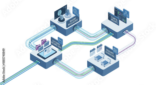 Isometric Medical SaaS Platform Illustration Showing Integrated EHR, Clinical Insights, Imaging Intelligence, and Resource Scheduling for Healthcare Digital Transformation and Data Management