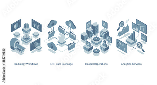 Isometric Medical SaaS Illustration for Healthcare Software, Radiology Workflows, EHR Data Exchange, Hospital Operations and Data Analytics Services, Blue Monochrome 3D Vector Graphics