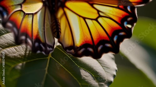 Butterfly resting on leaf with vibrant colors wing patterns