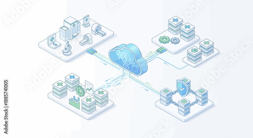 Isometric Medical SaaS Platform for Healthcare Data Analytics, Hospital Management System, and Secure Cloud Computing Infrastructure, Blue and Green Vector Illustration