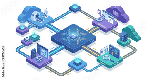 Isometric Medical SaaS Platform with Artificial Intelligence for Healthcare Data Analysis, Clinical Diagnostics, and Hospital Operations Management, 3D Digital Health Technology Illustration