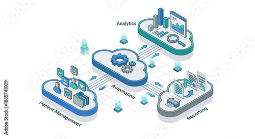 Isometric Medical SaaS Cloud Platform for Healthcare Patient Management, Automation, Analytics and Reporting, Modern Digital Health Software Vector Illustration