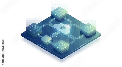 Isometric Medical SaaS Platform Illustration for Digital Healthcare Cloud Computing and Secure Patient Data Management with Glowing 3D Network Icons on Dark Blue Background