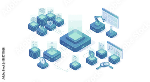 3D Isometric Medical SaaS Platform Illustration for Healthcare Data Integration, Hospital Management System, AI Diagnostics, and Digital Health Records in Modern Blue Tech Style