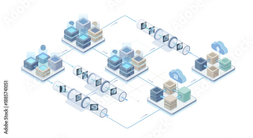 Isometric Medical SaaS Data Flow Illustration with Cloud Computing, AI Diagnostics, and Healthcare Network Infrastructure for Digital Health Management Platforms and Software Services