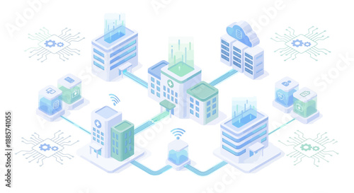 Isometric Medical SaaS Network Illustration with Connected Hospitals, Cloud Data Storage, and Healthcare Technology Ecosystem for Smart Clinic Management and Digital Health Integration