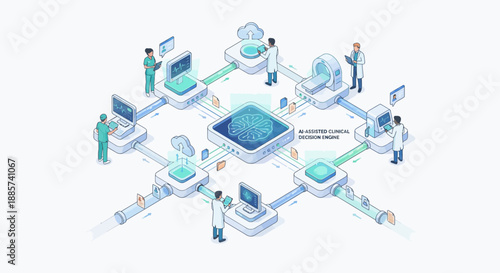 Isometric Medical SaaS Platform with AI Clinical Decision Engine, Healthcare Data Network for Digital Hospital Management, Doctors Using Smart Monitoring Systems in Blue Line Art Style