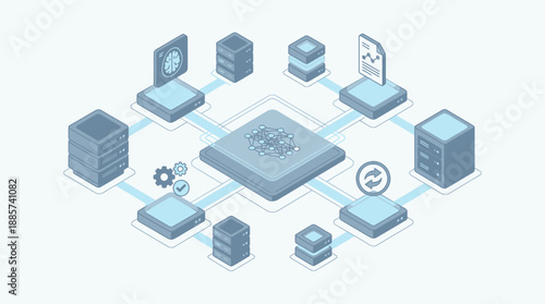 Isometric Medical SaaS Platform for Healthcare Data Analytics and AI Neurology, Digital Network Infrastructure for Healthtech Software and Cloud Computing, Clean Blue Vector Illustration